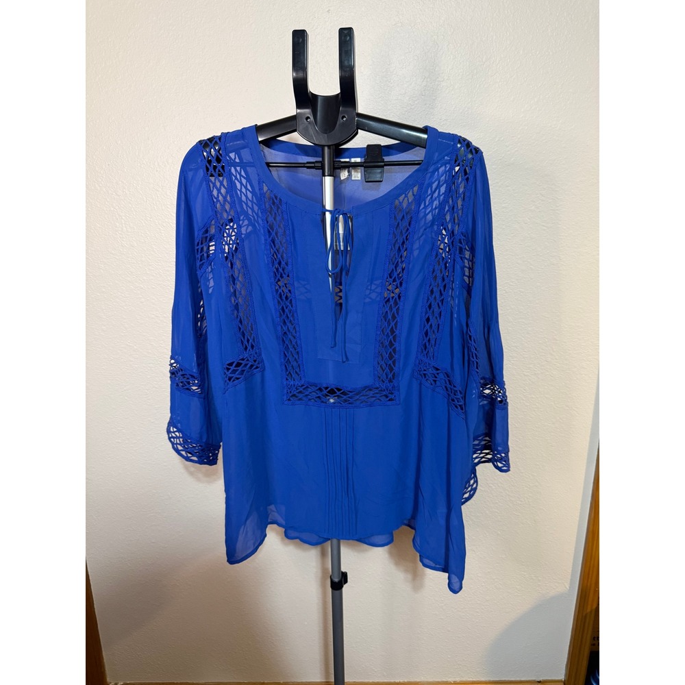 Madison Royal Blue Crochet Lattice Boho Blouse XL NWT Tubablue Split Neck Tie
